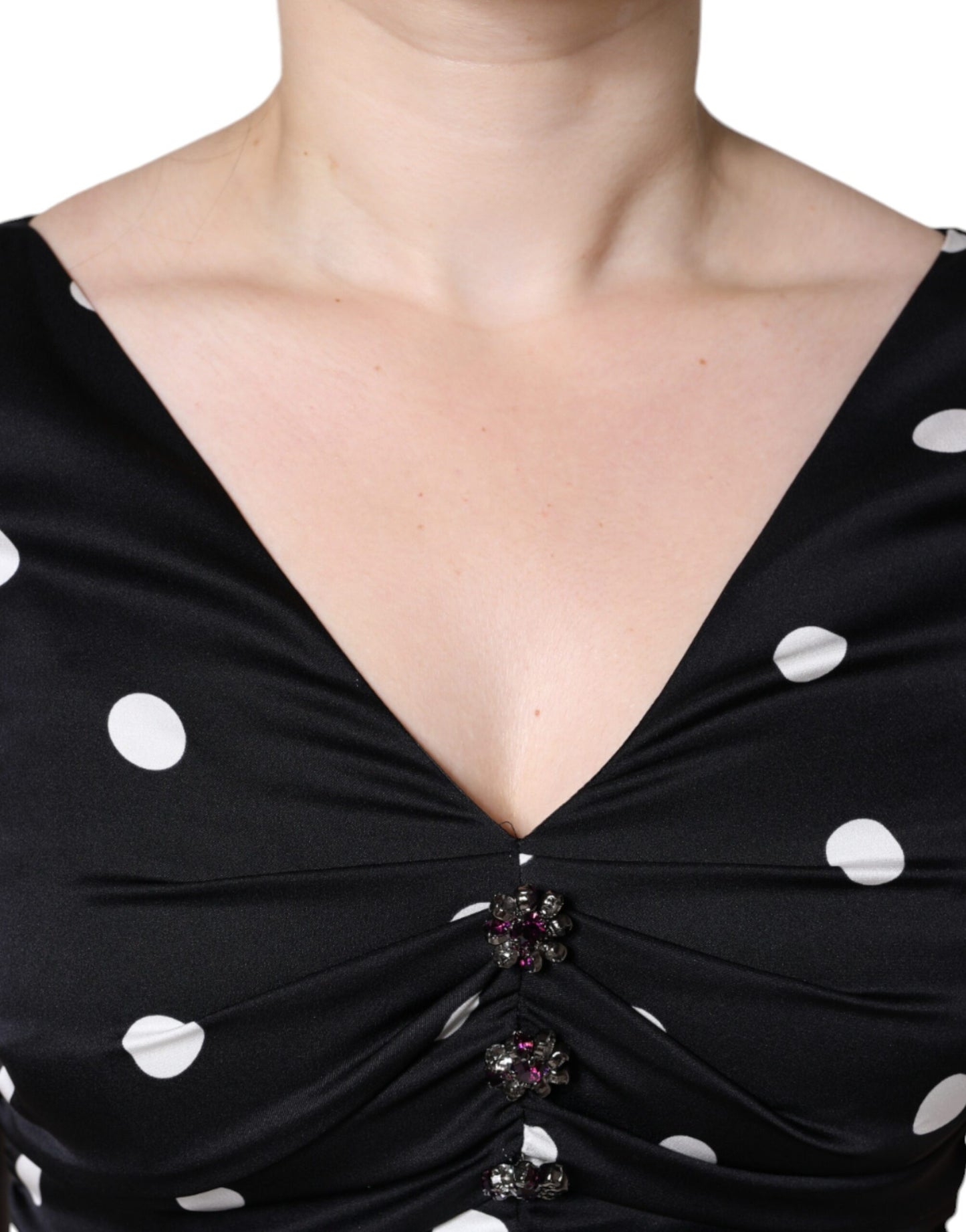 Dolce & Gabbana Black Silk Polka Dot Vneck Tassel Midi Dress