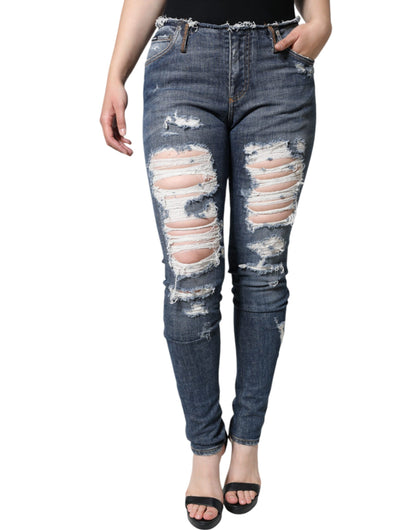 Dolce & Gabbana Blue Cotton Stretch Tattered Skinny Jeans