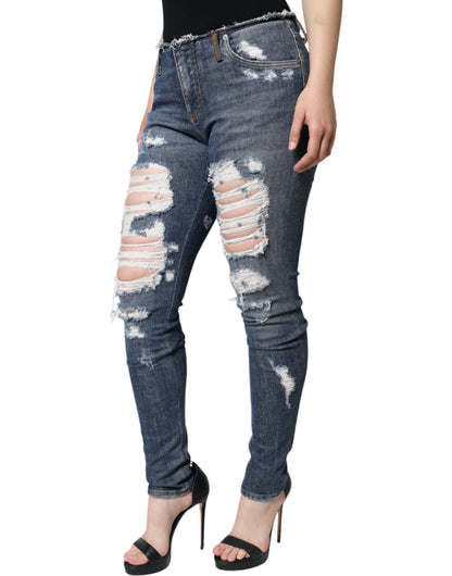 Dolce & Gabbana Blue Cotton Stretch Tattered Skinny Jeans