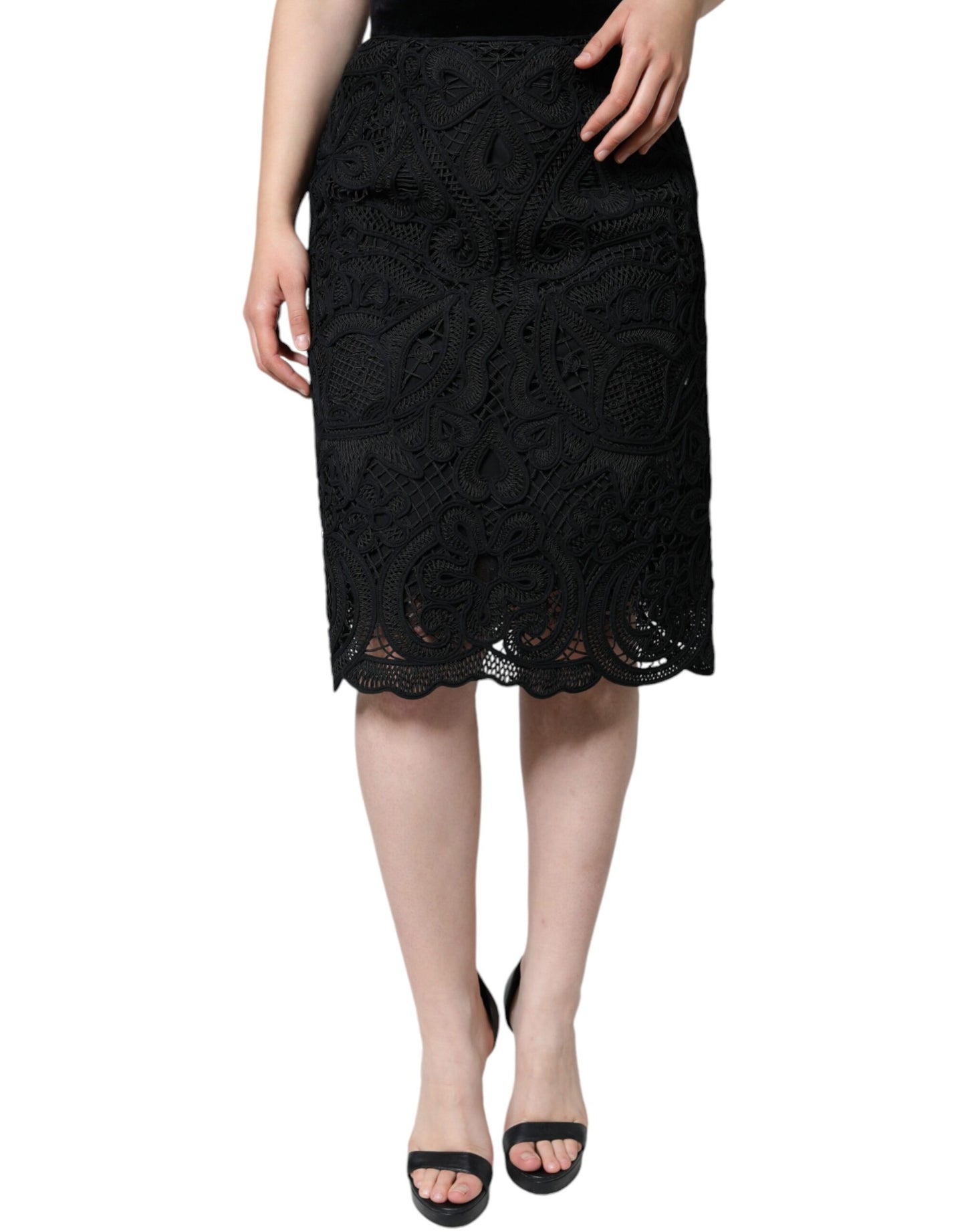 Dolce & Gabbana Black Floral Lace HighWaist Pencil Cut Skirt