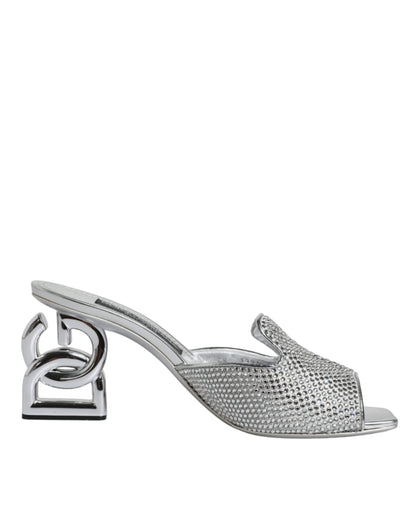 Dolce & Gabbana Silver Viscose Logo Heels Slide Sandals Shoes