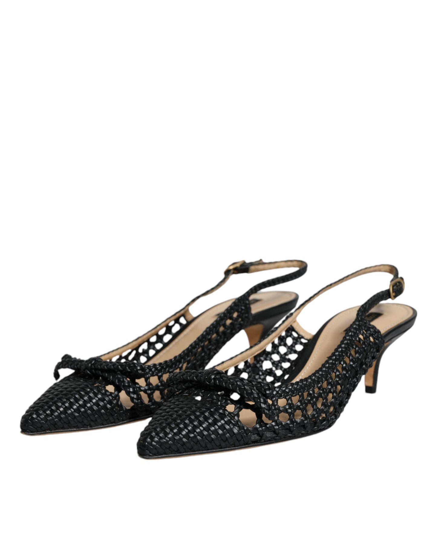 Dolce & Gabbana Black Leather Woven Heels Slingback Shoes