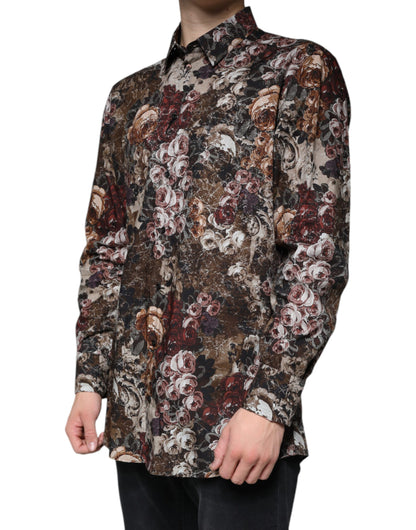 Dolce & Gabbana Multicolor Floral Cotton Men Dress GOLD Shirt