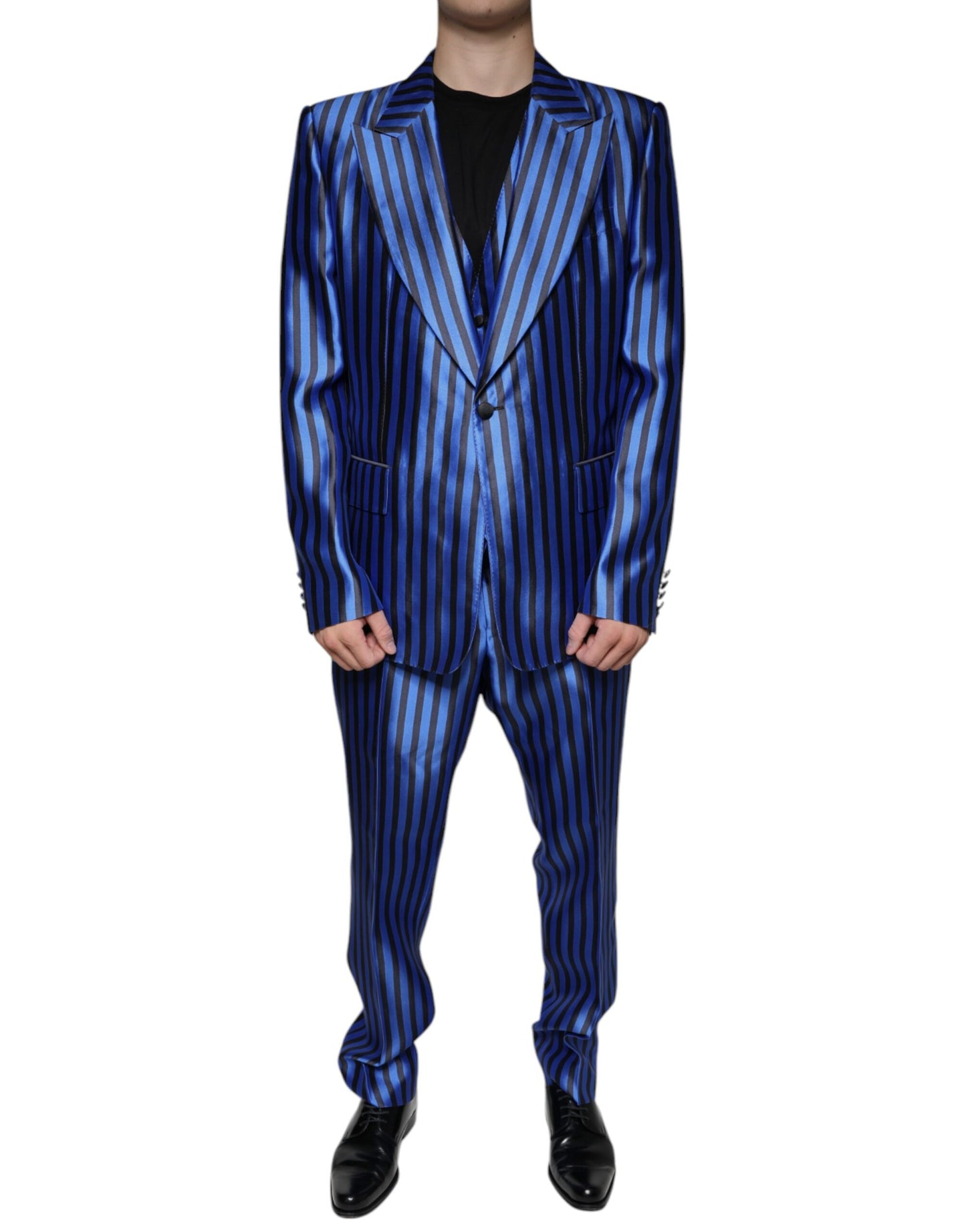 Dolce & Gabbana Metallic Blue Stripes Formal 3 Piece Suit