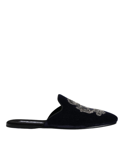 Dolce & Gabbana Black Velvet DG Crown Embroidery Slides Shoes