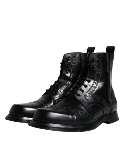 Dolce & Gabbana Black Leather Lace Up Mid Calf Boots Shoes