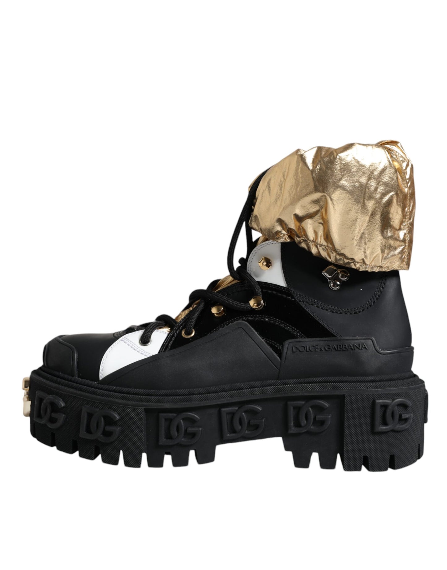 Dolce & Gabbana Black Gold Leather Trekking Ankle Boots Shoes