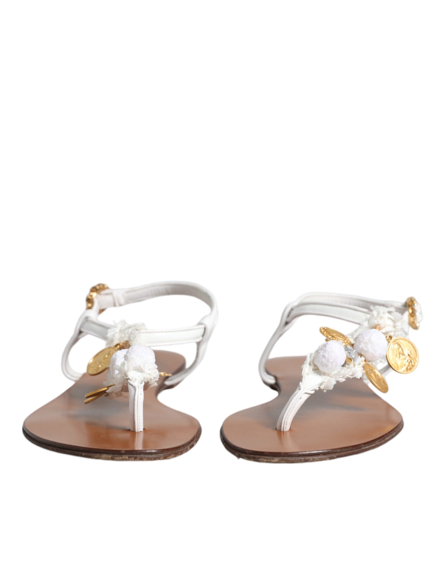 Dolce & Gabbana White Leather Coins Flip Flops Sandals Shoes