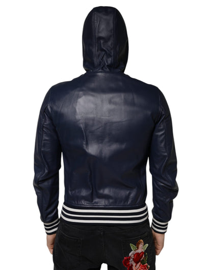 Dolce & Gabbana Blue Leather Full Zip Hooded Bomber Jacket