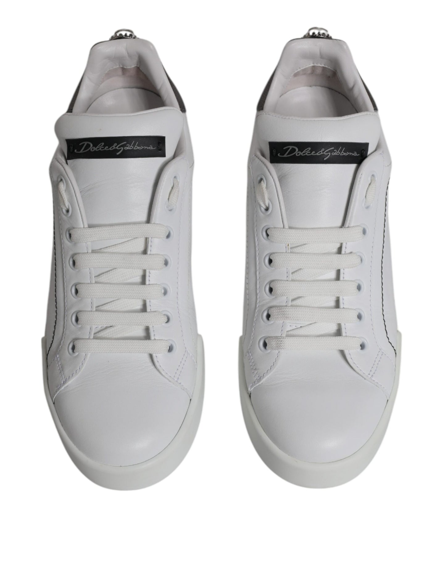 Dolce & Gabbana White Silver Leather Low Top Men Sneakers Shoes