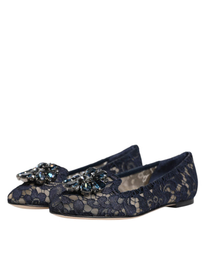 Dolce & Gabbana Blue Taormina Lace Crystals Flats Shoes