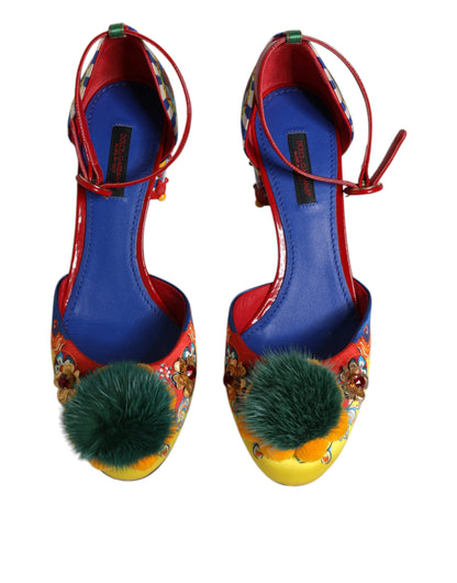 Dolce & Gabbana Multicolor Carretto Crystal Fur Sandals Shoes