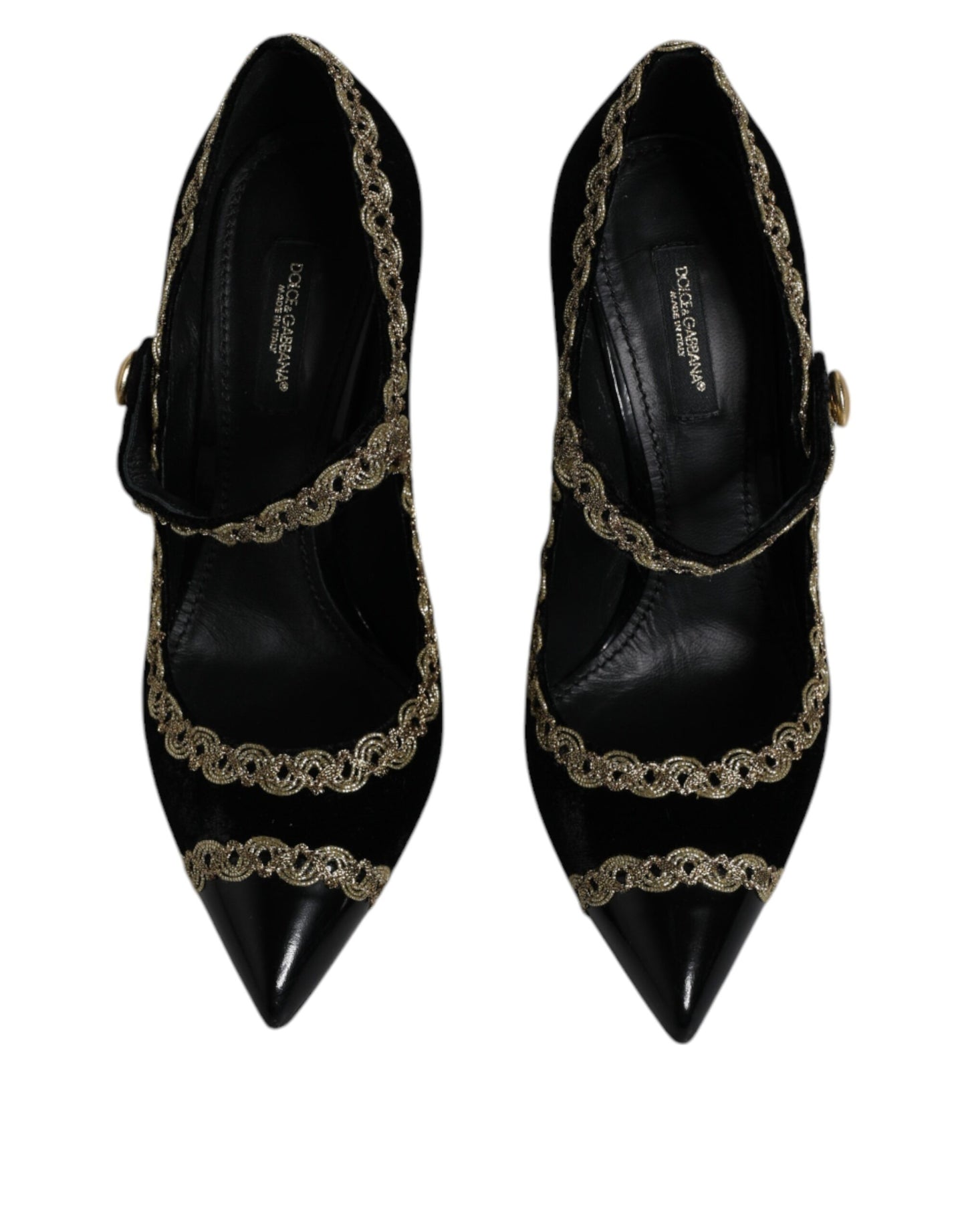 Dolce & Gabbana Black Velvet Gold Mary Janes Pumps Shoes