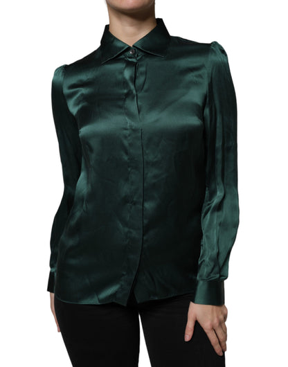 Dolce & Gabbana Dark Green Silk Button Down Long Sleeves Blouse Top