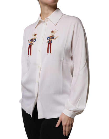 Dolce & Gabbana White Rabbit Patch Silk Collared Blouse Top