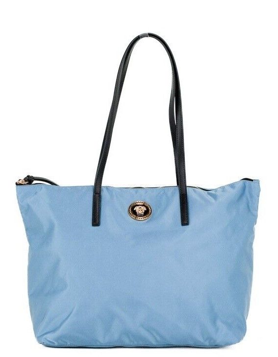 Versace Bolso tote mediano Portuna Medusa de cuero de nailon azul aciano