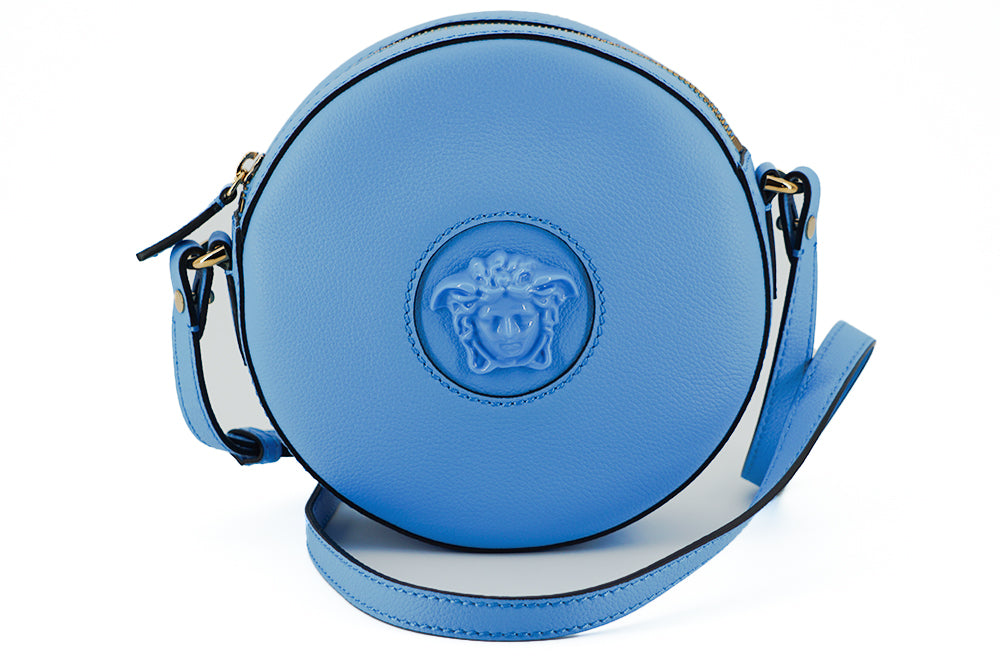 Bolso de hombro Disco redondo de piel de becerro azul Versace